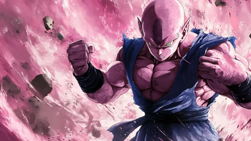 Muscular anime warrior charging through pink energy storm.