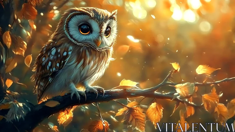 Whimsical Owl on Autumn Branch in Warm, Dreamy Art Style.