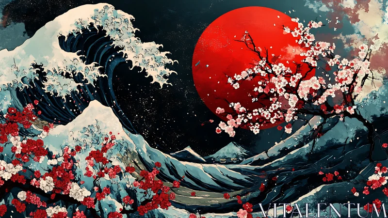 Large stylized wave and cherry blossoms before red sun.