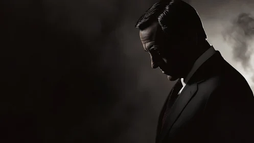 Somber suited man in dramatic low key side profile portrait.