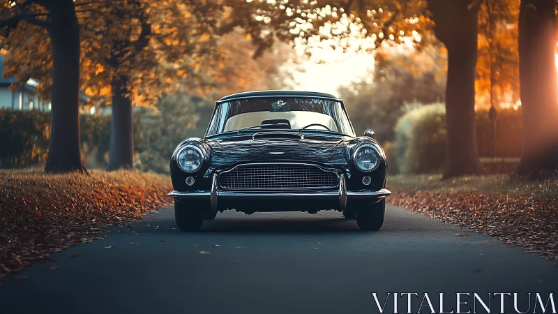 Classic coupe is centered on a tree-lined autumn road