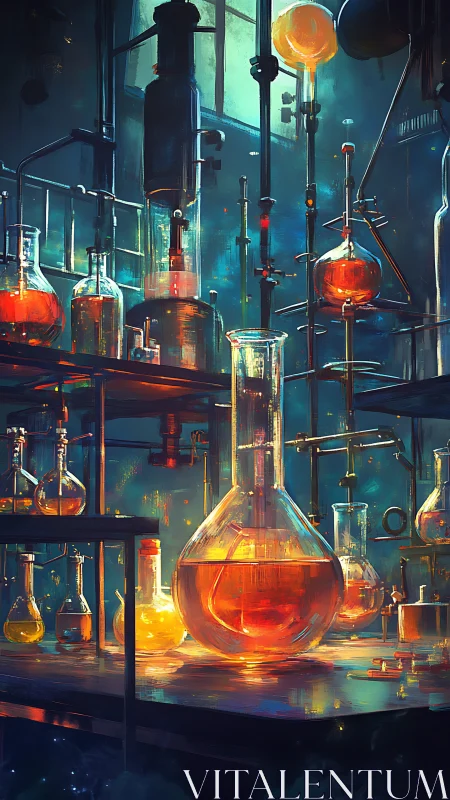 Chemistry laboratory with luminous orange experimental glassware.