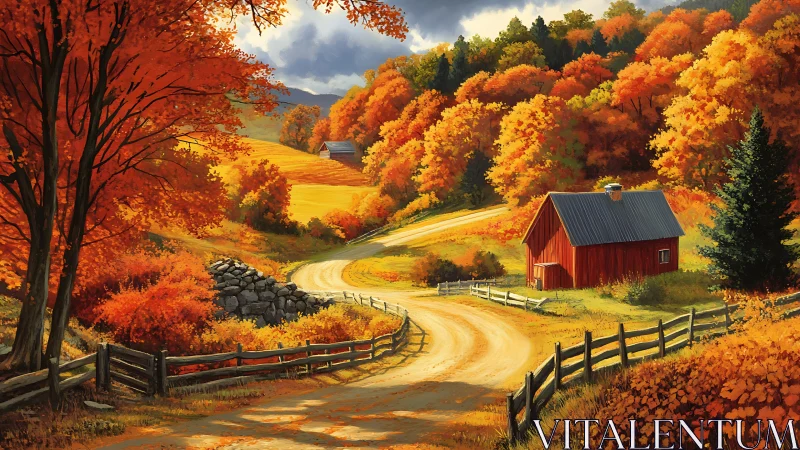 Autumnal agrarian valley with winding dirt road perspective.