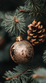 Gold ornament and pine cone on evergreen branch in close view.