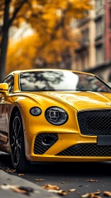 Yellow luxury coupe under autumn city bokeh lighting.