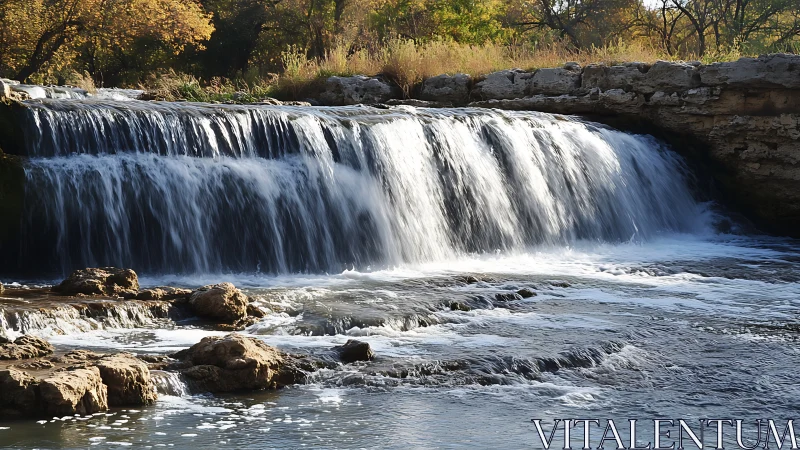 Low, wide waterfall descends over rock ledge into shallow stream