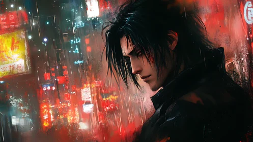 Brooding loner stalks neon rain in cyberpunk city night.