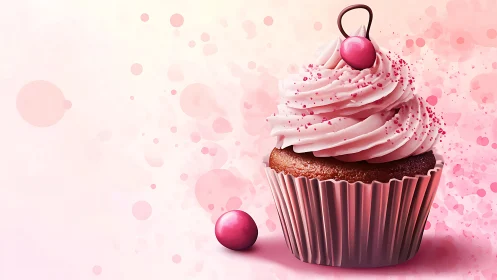 Pink Frosted Cupcake with Metallic Sphere Decoration.