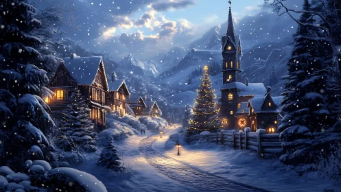 Snowlit Alpine village glows under storybook winter sky.