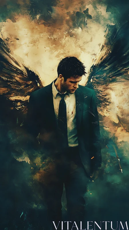 Male figure in suit with dark wings amid diffuse clouds.