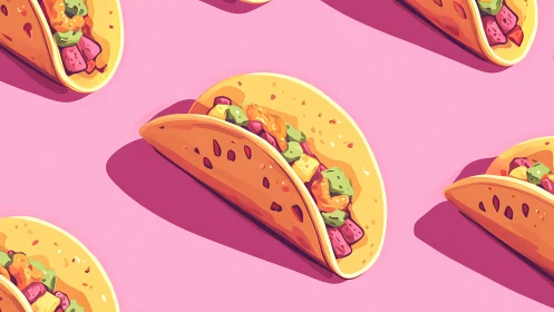 Illustrated tacos in repeating diagonal layout on pink background.