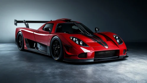 Red carbon widebody race car sits on polished studio floor