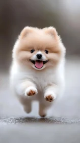 Joyful fluffy Pomeranian puppy captured midair in motion.