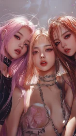 Dreamy trio in soft neon glow and luminous chains.