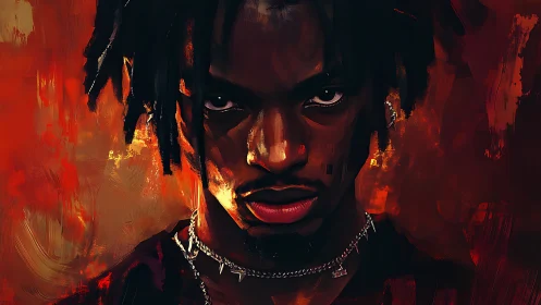 Intense digital portrait of man against vivid red abstraction