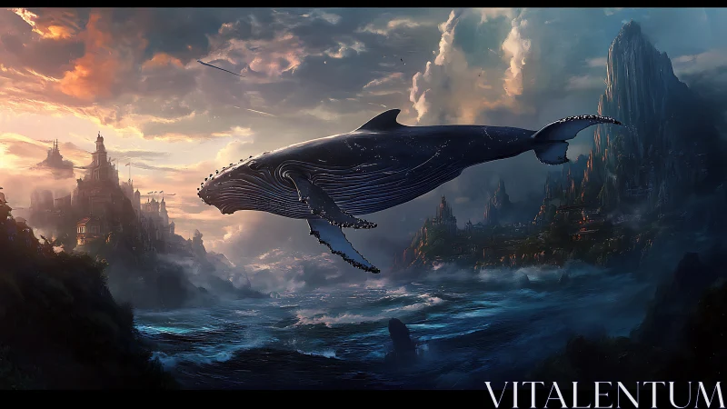 Giant whale glides above stormy sea and fantasy coast.