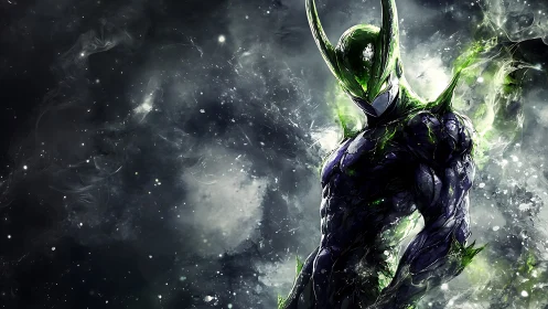 Bio-organic alien warrior amid turbulent cosmic nebula