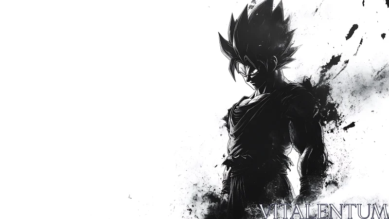 High-contrast ink-splatter silhouette of spiky-haired anime warrior