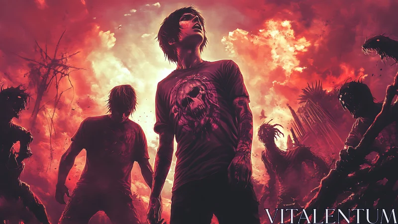 Postapocalyptic survivor surrounded by burning silhouettes.