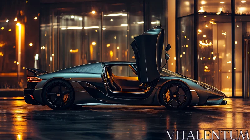 Midnight hypercar profile with scissor doors and neon reflections.