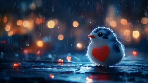 Crimson-Hearted Songbird: Love Blooms in Rainy Urban Solitude.