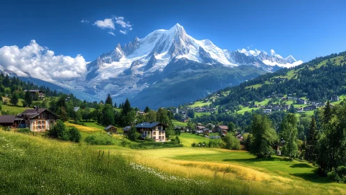 Sunlit alpine village dreaming beneath a colossal crystal peak.