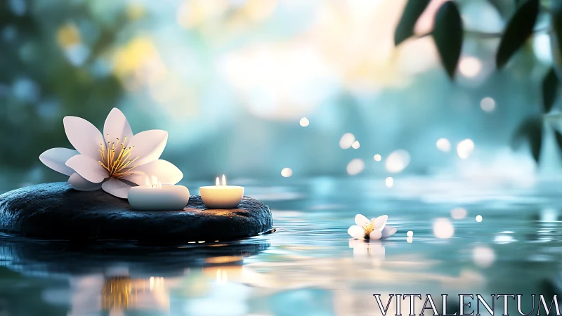 Serene lotus candles glow softly on tranquil turquoise water