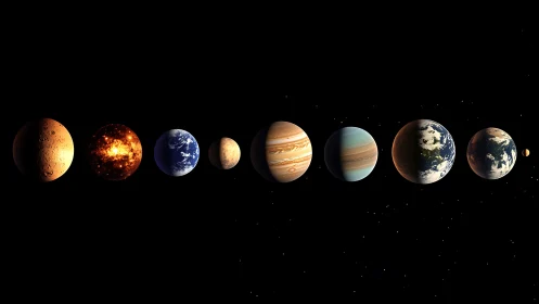 Digital lineup of diverse planets on black space background.