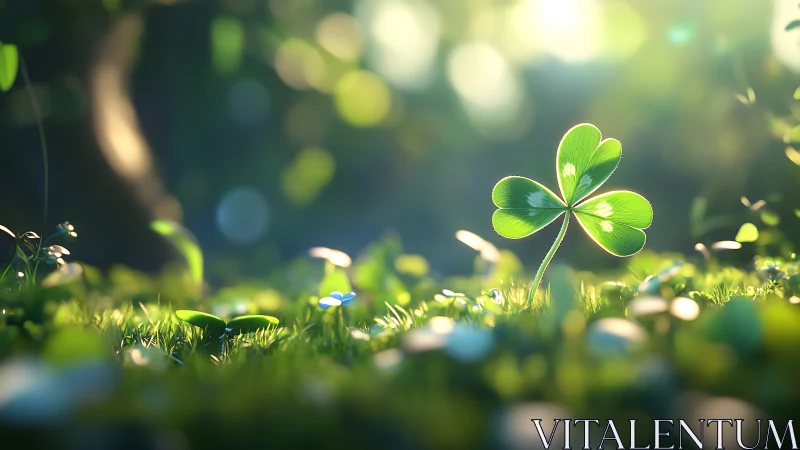 Single clover stands in shallow depth of field forest light
