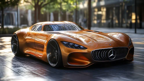 Copper comet coupe glides through sunlit urban stillness.