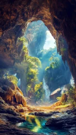 Luminescent karst cavern valley with waterfalls and pool