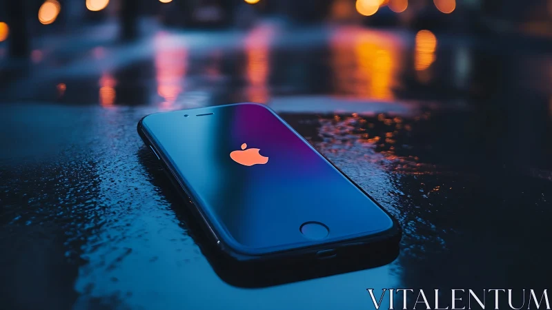 iPhone on Wet Surface with City Lights Bokeh.