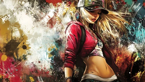 Urban street dancer stands amid explosive graffiti color field