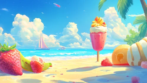 Tropical beach with fruit desserts and boats under clouds.