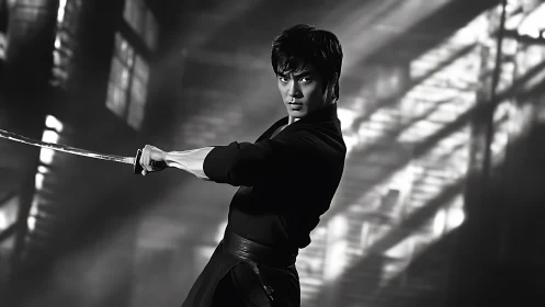 Samurai swordsman holds a poised stance in stark monochrome