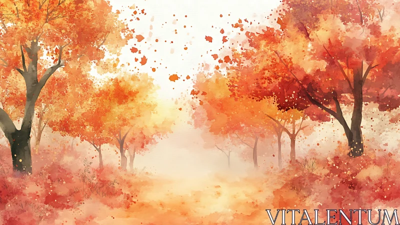 Golden autumn path glows softly in a dreamy watercolor forest