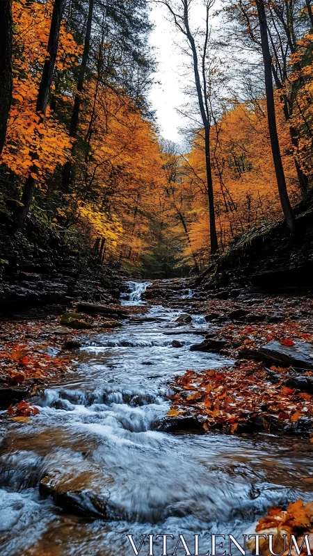Mountain stream in narrow gorge beneath dense autumn canopy