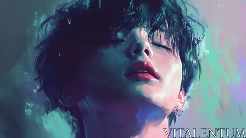 Portrait of youth with closed eyes in neon light glow.