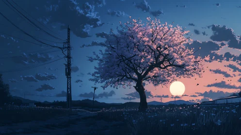 Twilight cherry tree silhouette with setting sun and power lines