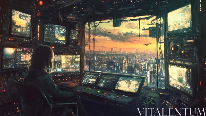 Solitary skyline hacker steering neon cities at dusk.