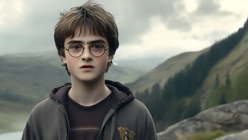 Young boy in round glasses amid misty mountain valley.