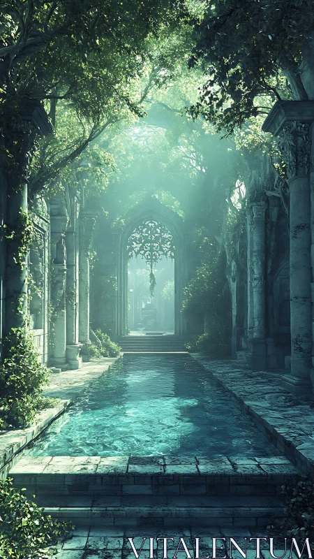 Ruined stone courtyard with pool under dense forest canopy.