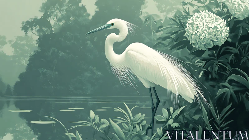Graceful white heron resting beside a quiet misty river.