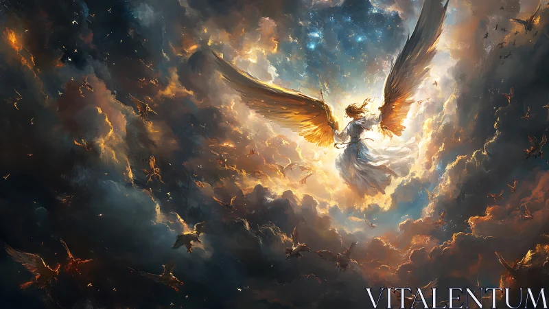 Winged figure ascending through luminous cloud vortex.