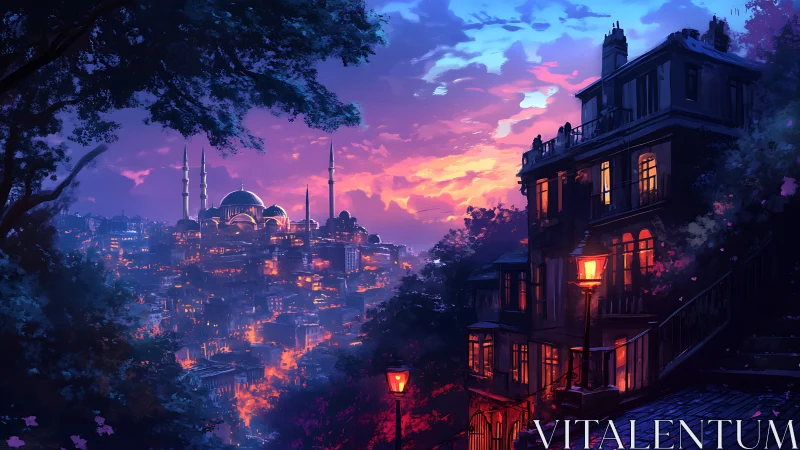 Sunset city skyline glows beside lamplit hillside homes