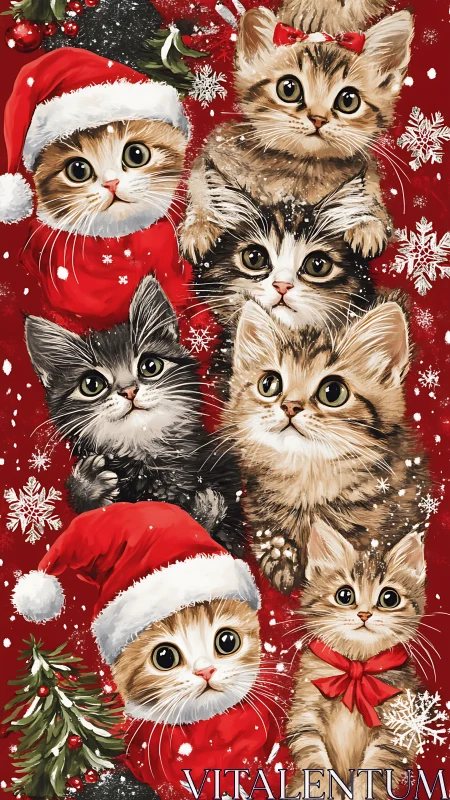 Six Festive Kittens with Santa Hats Against Crimson Holiday Background