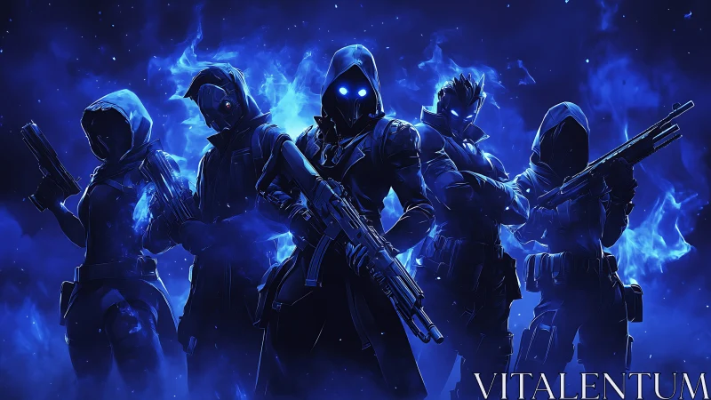 Blue-glowing masked squad of armed futuristic soldiers.