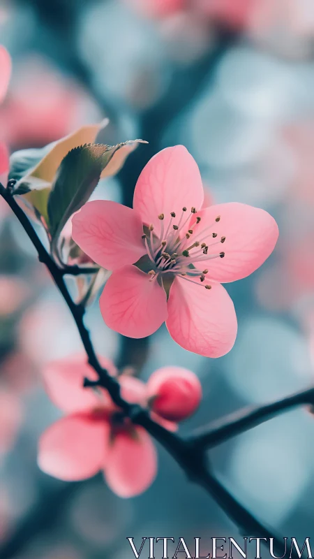 Pink Cherry Blossom with Detailed Stamen and Selective Focus Bokeh