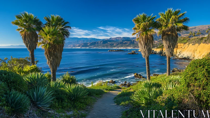 Sunlit coastal palms framing deep blue Pacific inlet.