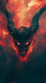 Digital painting of infernal horned skull in blazing chroma contrast.